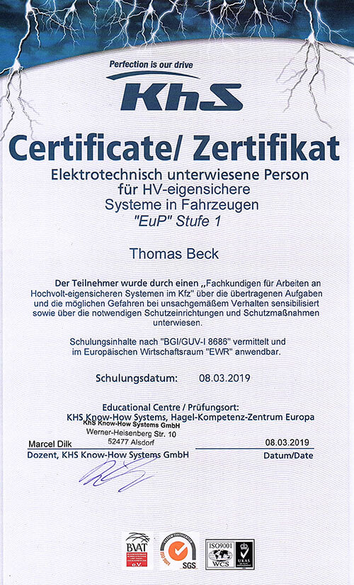 Zertifikat Elektronisch unterwiesene Person - Carvit Tohmas Beck